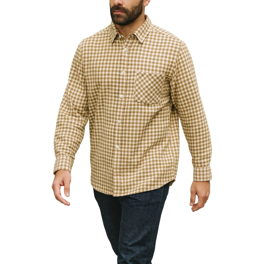 H&M Tan & Cream Checkered Button Down Shirt 100% Cotton Lumber Jack Camping